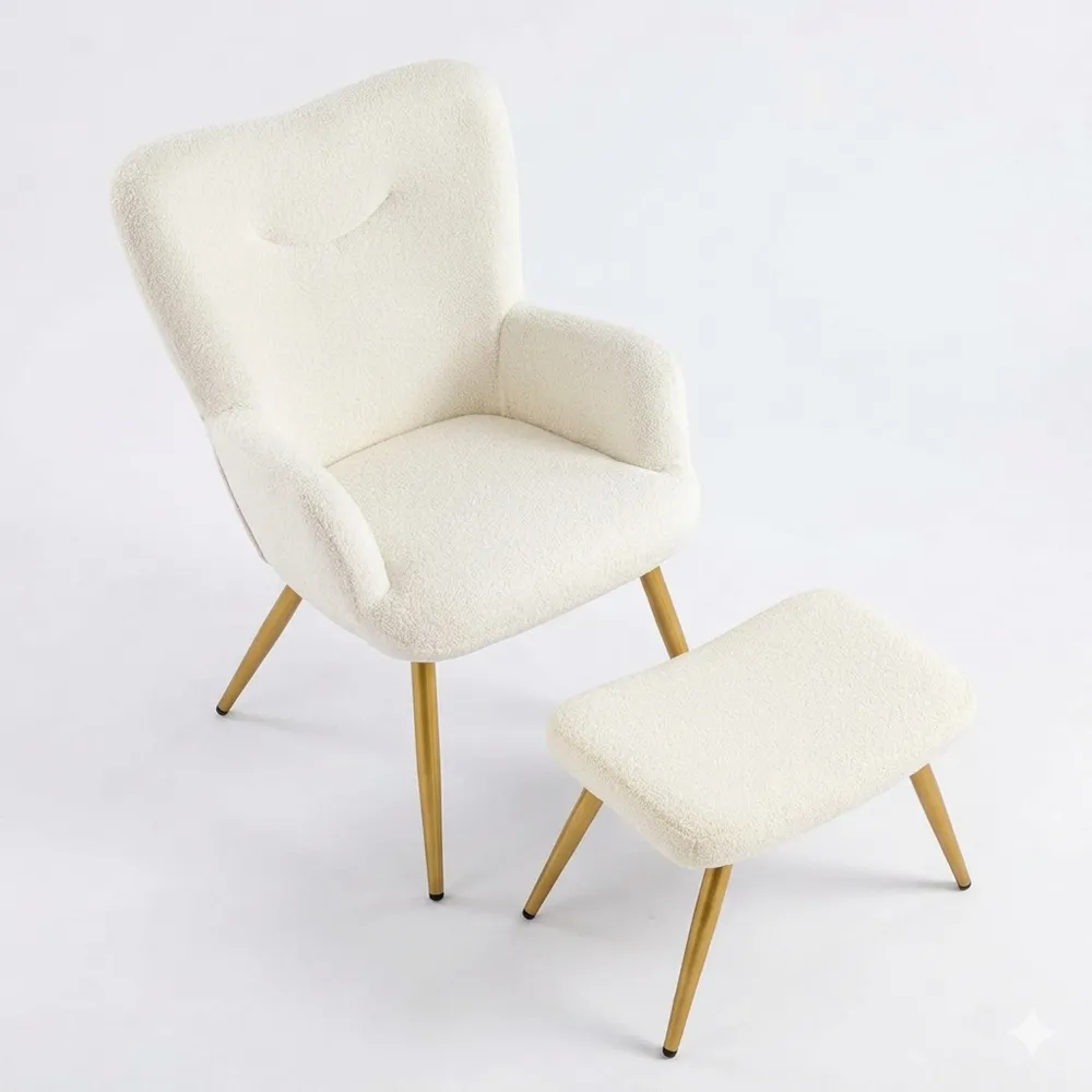 Bequemer Ohrensessel mit Hocker aus Boucle-Gewebe, Relaxsessel mit Fußstütze und klappbarer Rückenlehne, ideal für Wohnzimmer und Schlafzimmer in Elfenbein