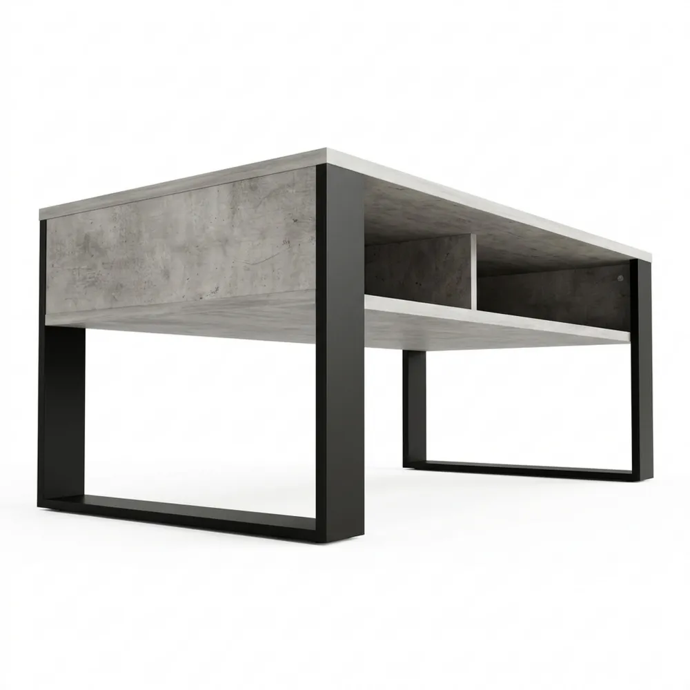 Moderner Couchtisch in Betonoptik mit Stauraum und schwarzen Beinen, Grau