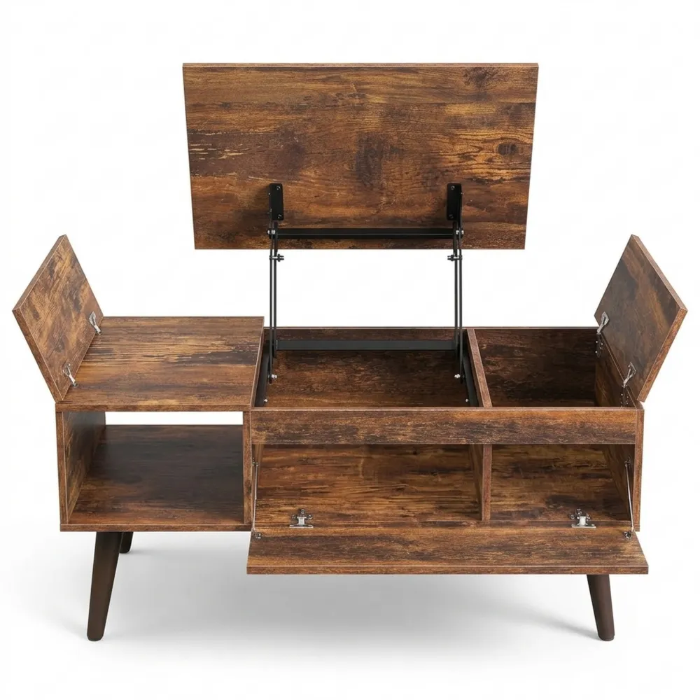 Multifunktionaler Couchtisch mit Stauraum und Hebefunktion, rustikale Optik