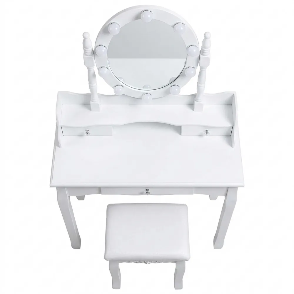 Kosmetiktisch mit LED-Licht, 3 Schubladen und drehbarem Spiegel