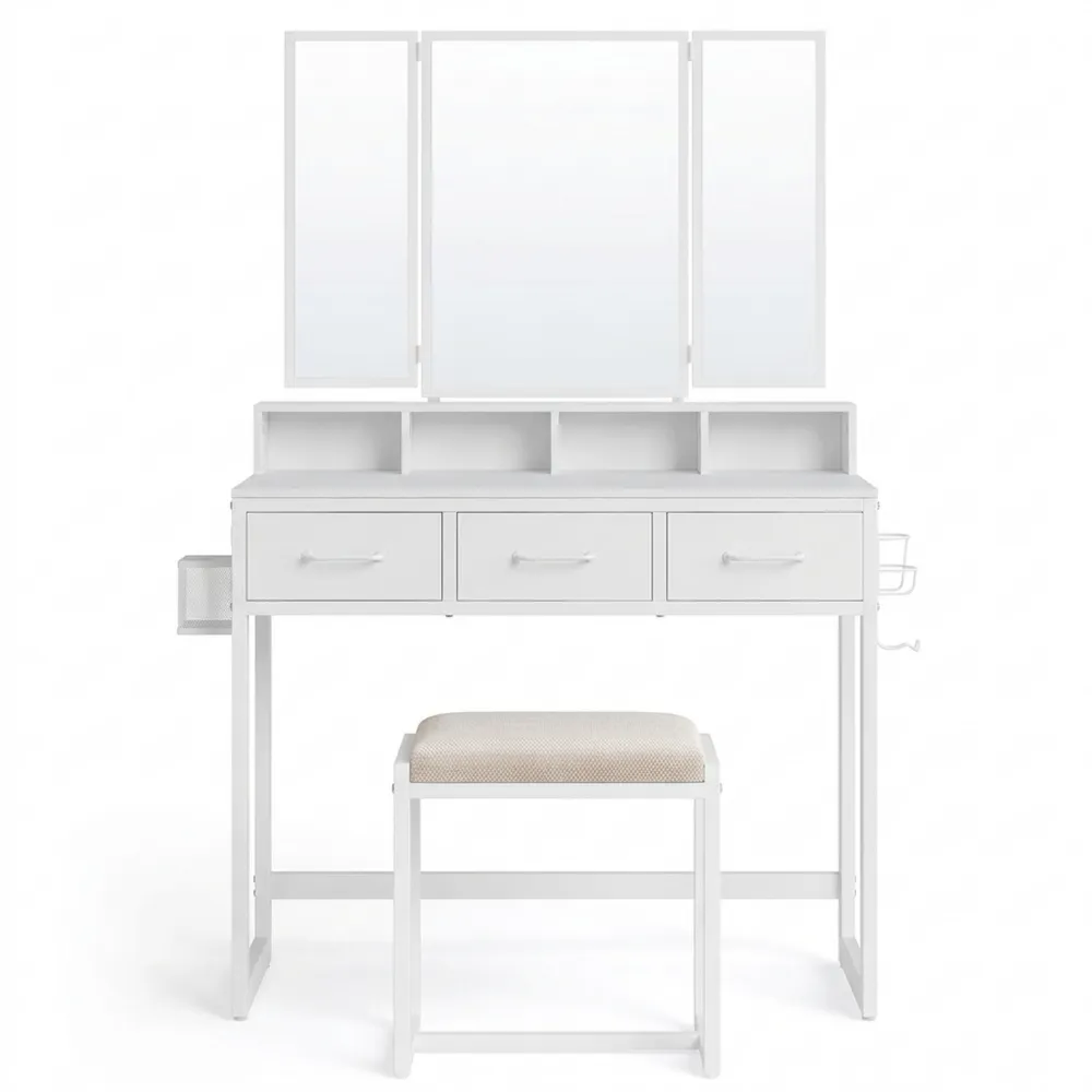 Moderner Schminktisch mit Hocker und Spiegel, Weiß