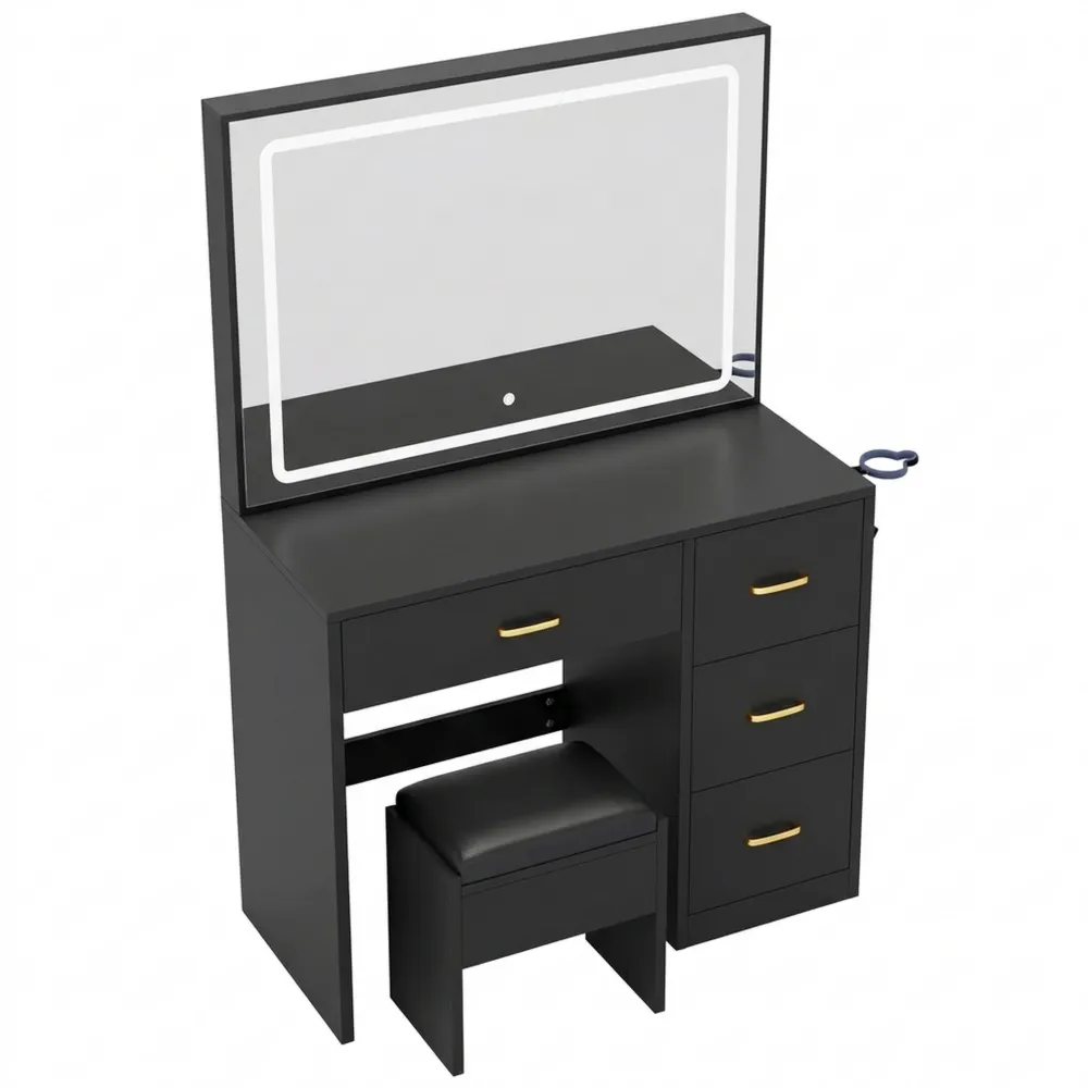 Eleganter Schminktisch mit Spiegel und Beleuchtung, 4 Schubladen, Steckdose, Schwarz