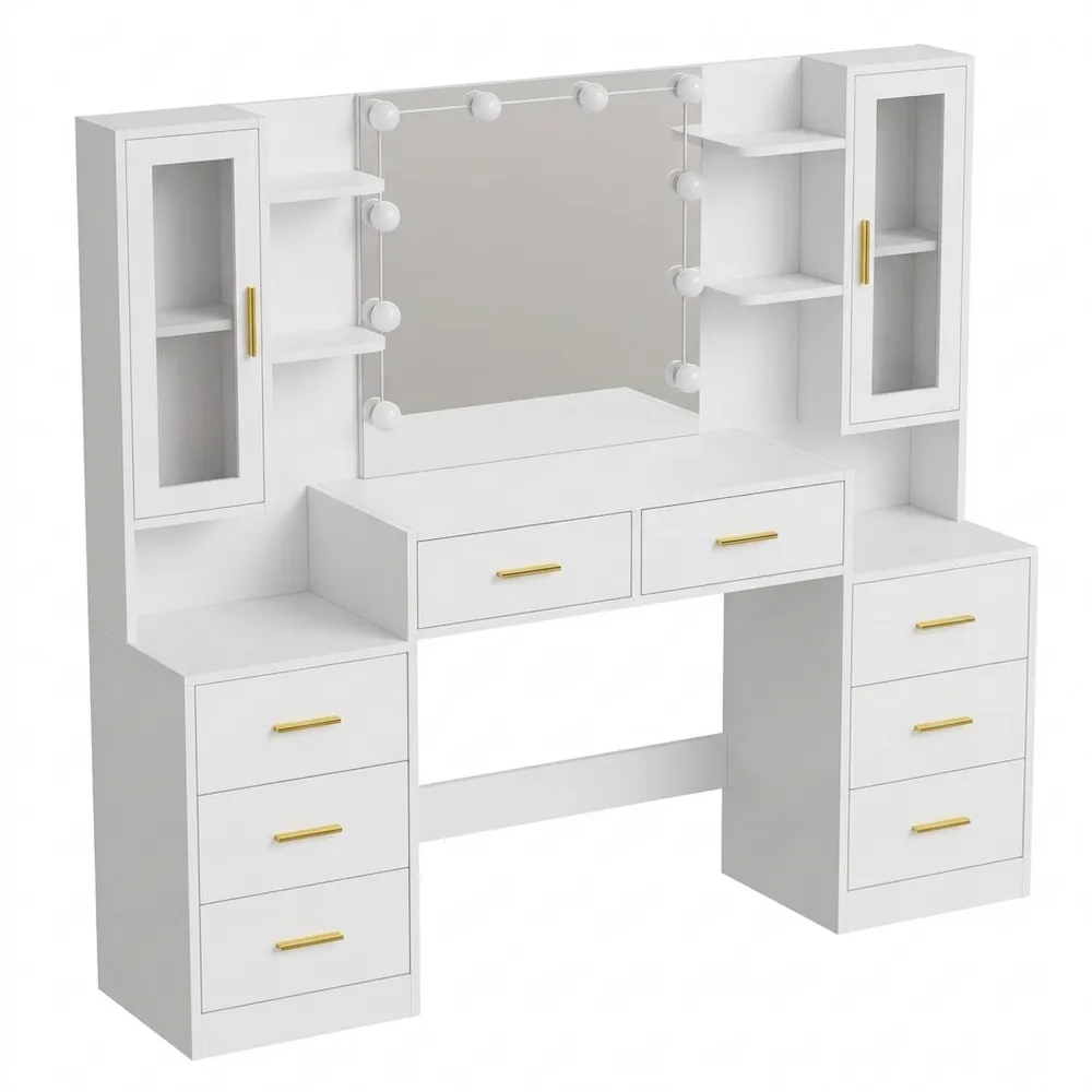 Schminktisch mit LED-Beleuchtung und Spiegel, 8 Schubladen, Modern Weiß