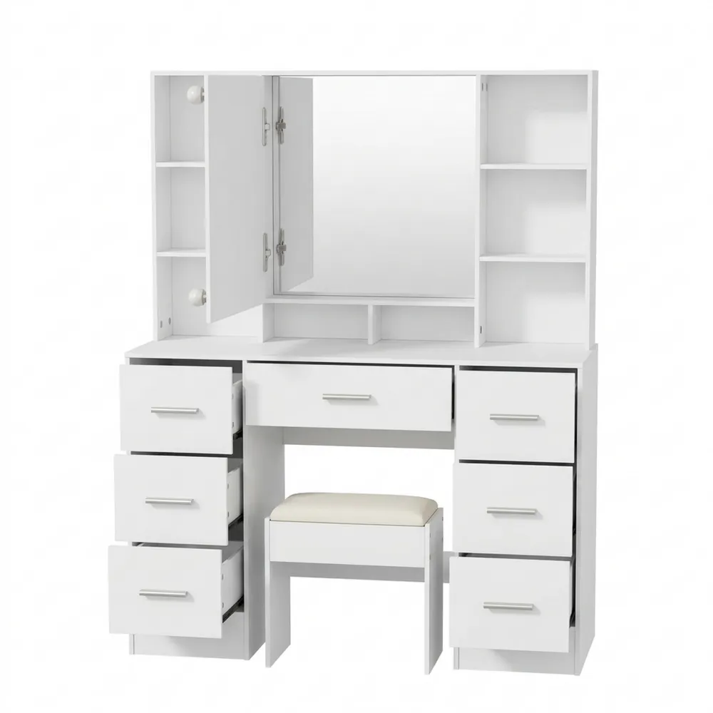 Schminktisch mit Spiegel und LED-Beleuchtung, verstellbarer Helligkeit, 7 Schubladen