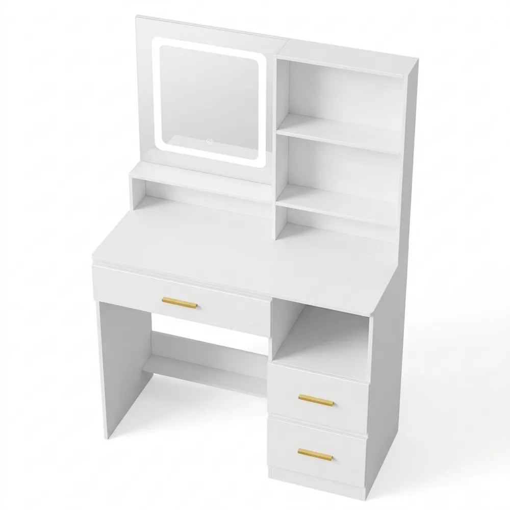 Moderner Schminktisch mit LED und großem Spiegel, weiß, mit Steckdose