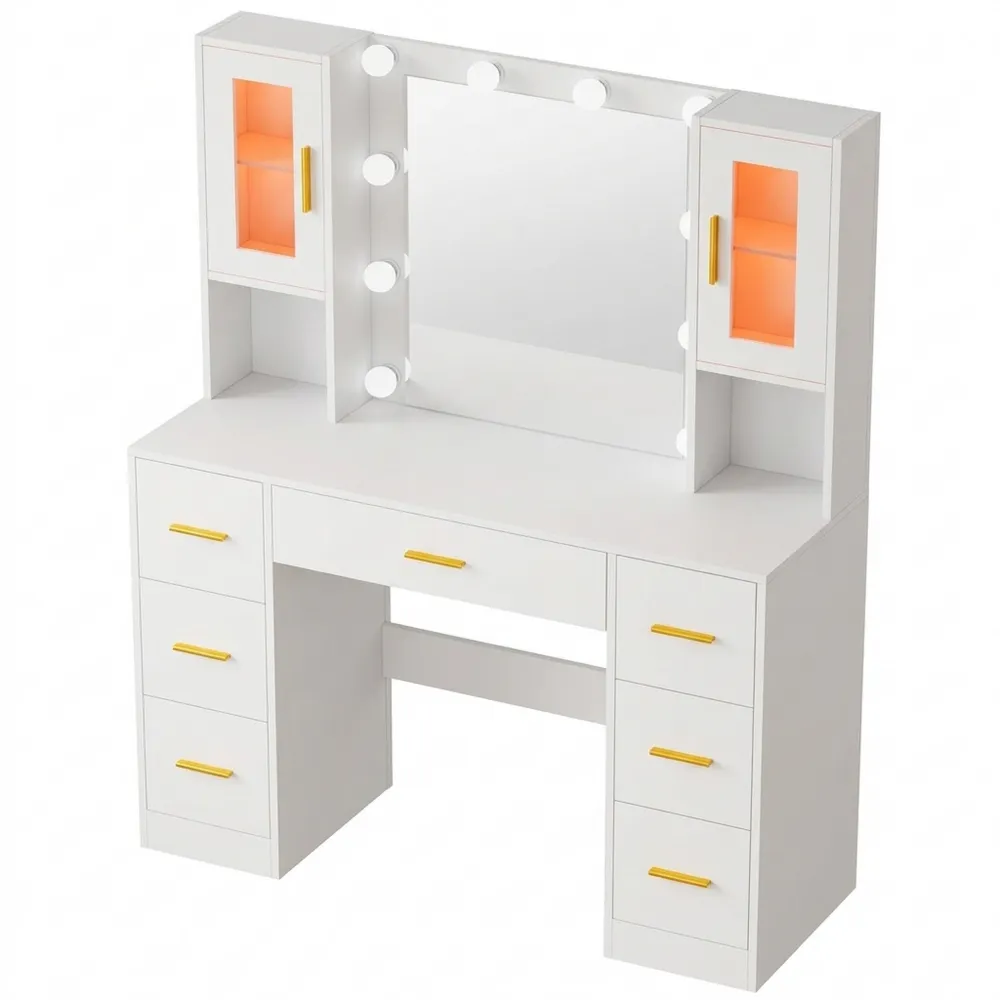 Moderner Schminktisch mit LED-Spiegel und Steckdose, 7 Schubladen, Weiß