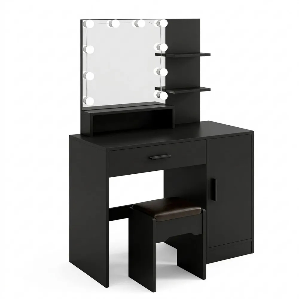 Moderner Schminktisch mit LED-Licht und Spiegel, 90 cm, Schwarz-Holzoptik