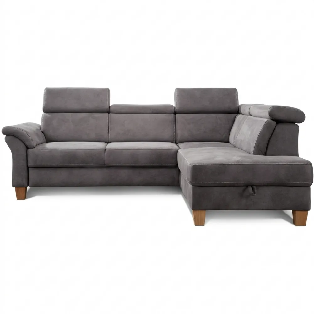 Komfortables Schlafsofa mit Ottomane im Landhausstil, verstellbare Kopfstützen, integriertes Bett und Stauraum, dunkelgrau