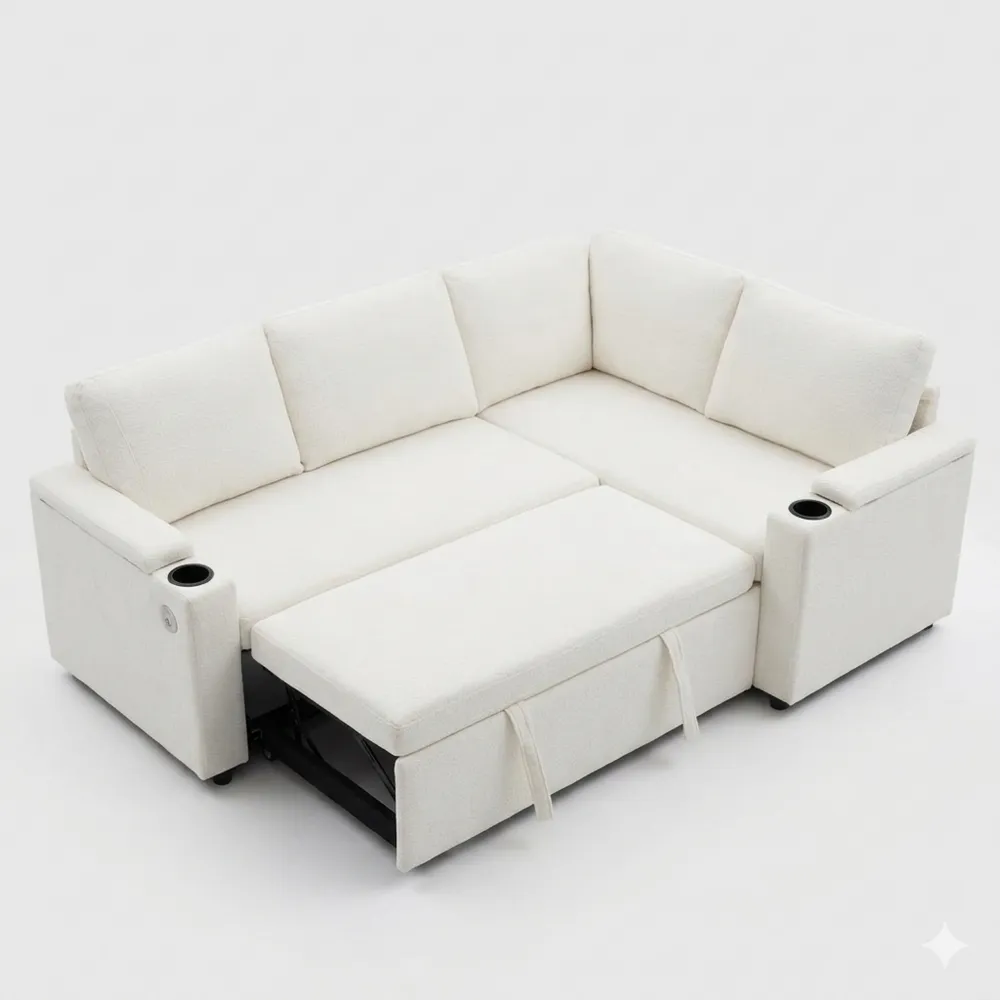 Ecksofa mit Schlaffunktion und Stauraum, USB-Anschluss, Getränkehalter