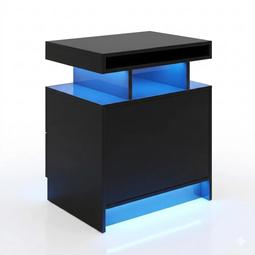 LED-Nachttischleuchte mit Bewegungssensor und USB/Type-C Ladefunktion, dimmbares Licht in 3 Farben, Hochglanz Nachtschrank mit Schubladen, kabelloses Laden