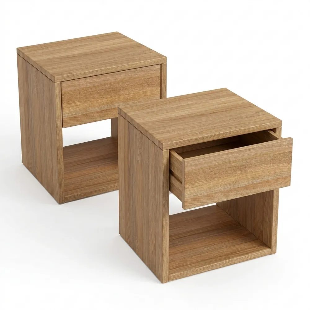 Hölzerner Nachttisch mit Schubladen, 2er Set, Eiche, 40x40x40 cm