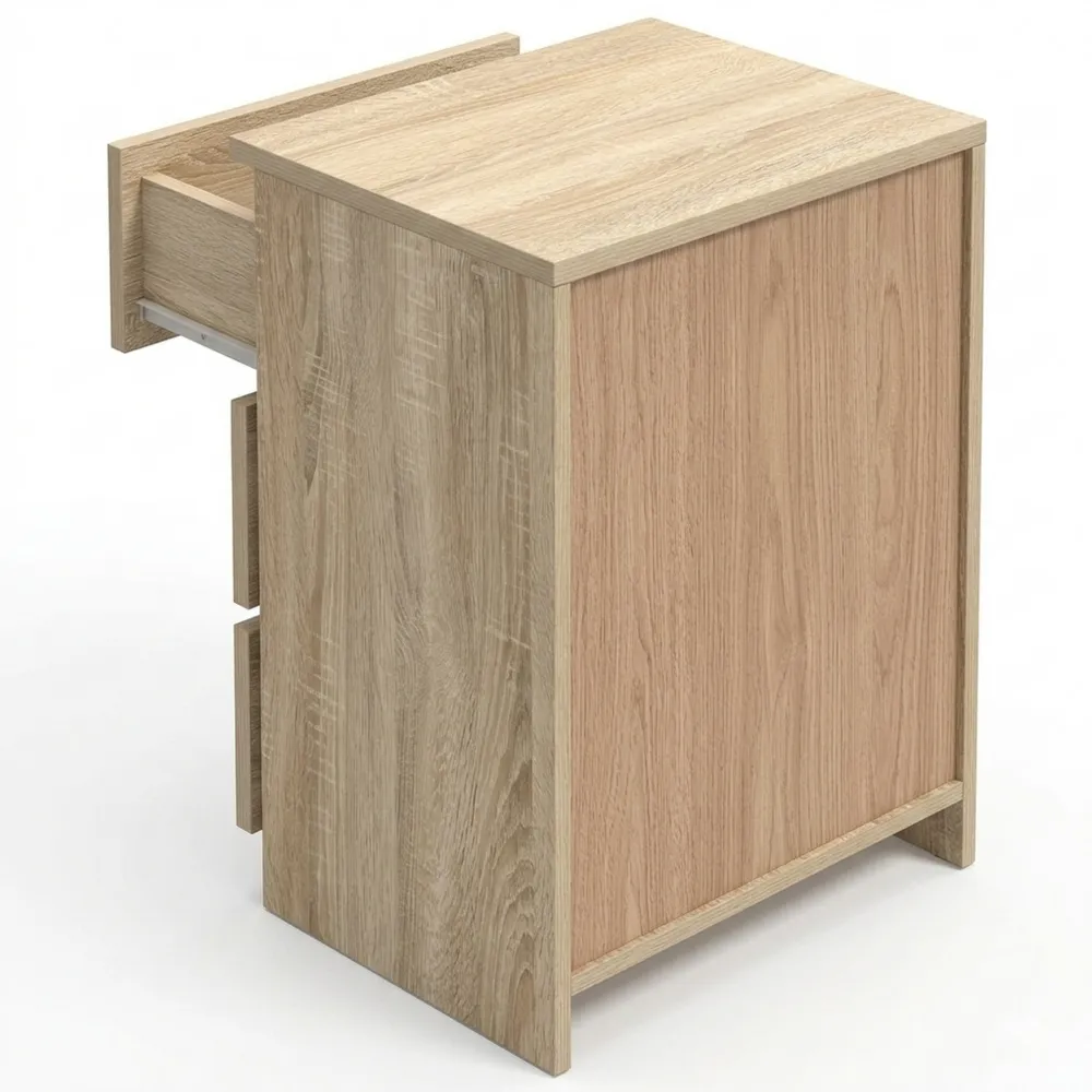 Moderne Nachtkonsole mit drei Schubladen in Eichenoptik