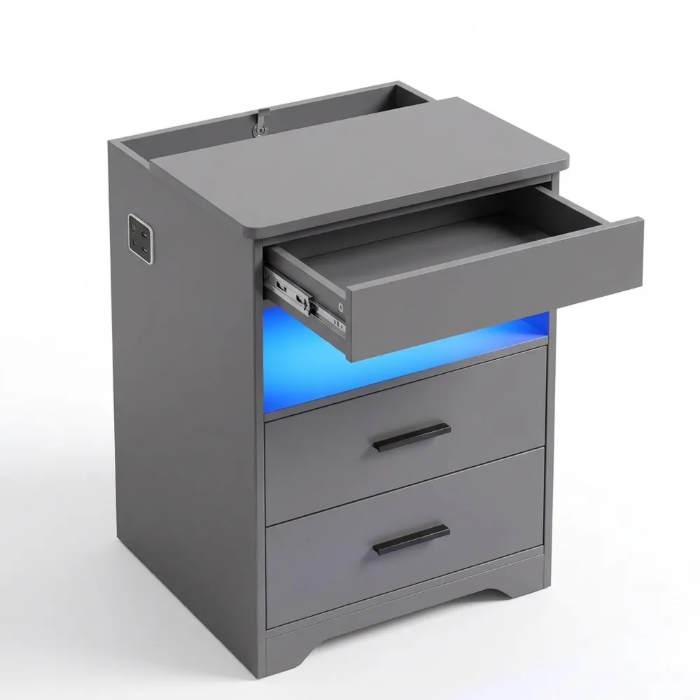 Moderner Nachttisch mit Schublade und Ladestation, Sensorgesteuerte LED-Beleuchtung, Grau