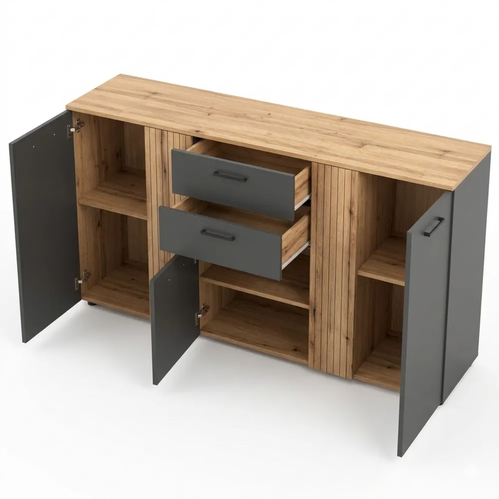 Kommode mit 6 Fächern und Schublade in Anthrazit Eiche, 181 x 86 x 38 cm