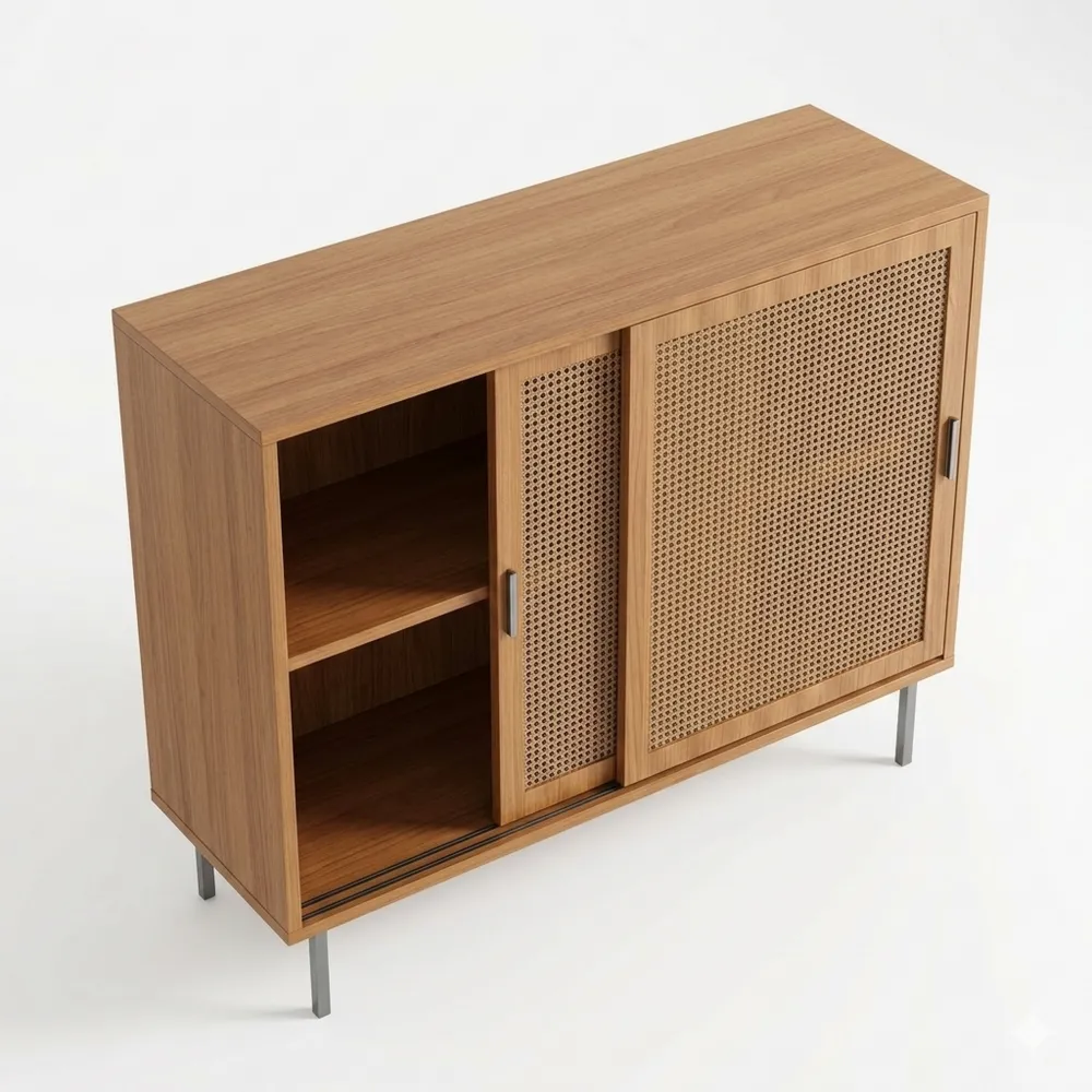 Kommodenschrank mit Rattan-Schiebetüren, robust, 50 kg Tragkraft, 100 cm, ideal für Wohnzimmer oder Küche