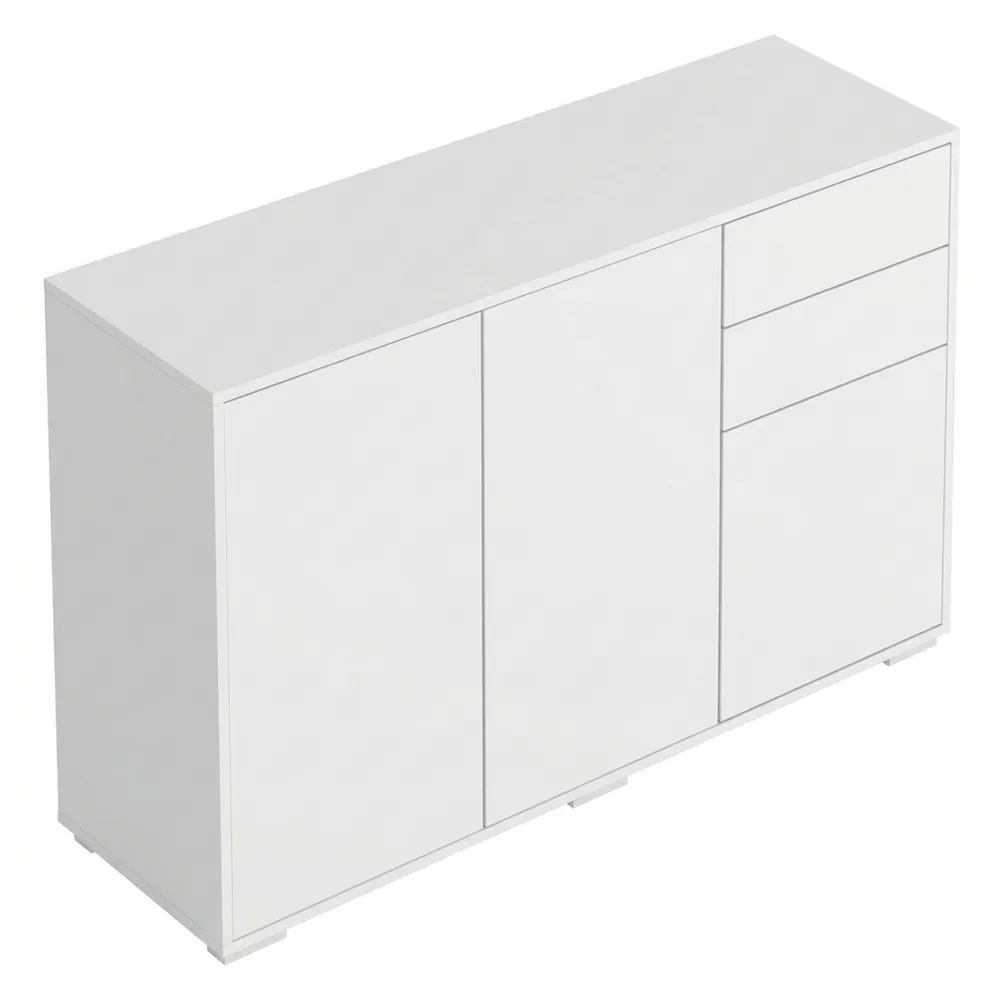 Moderner Stauraumschrank mit verstellbaren Ablagen, 2 Schubladen und 3 Türen, Weiß