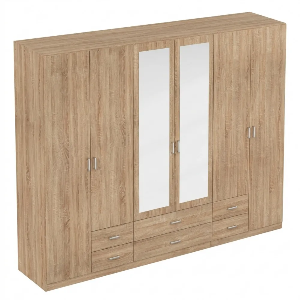 Großer Kleiderschrank mit Spiegel und Schubladen, Eiche Sonoma