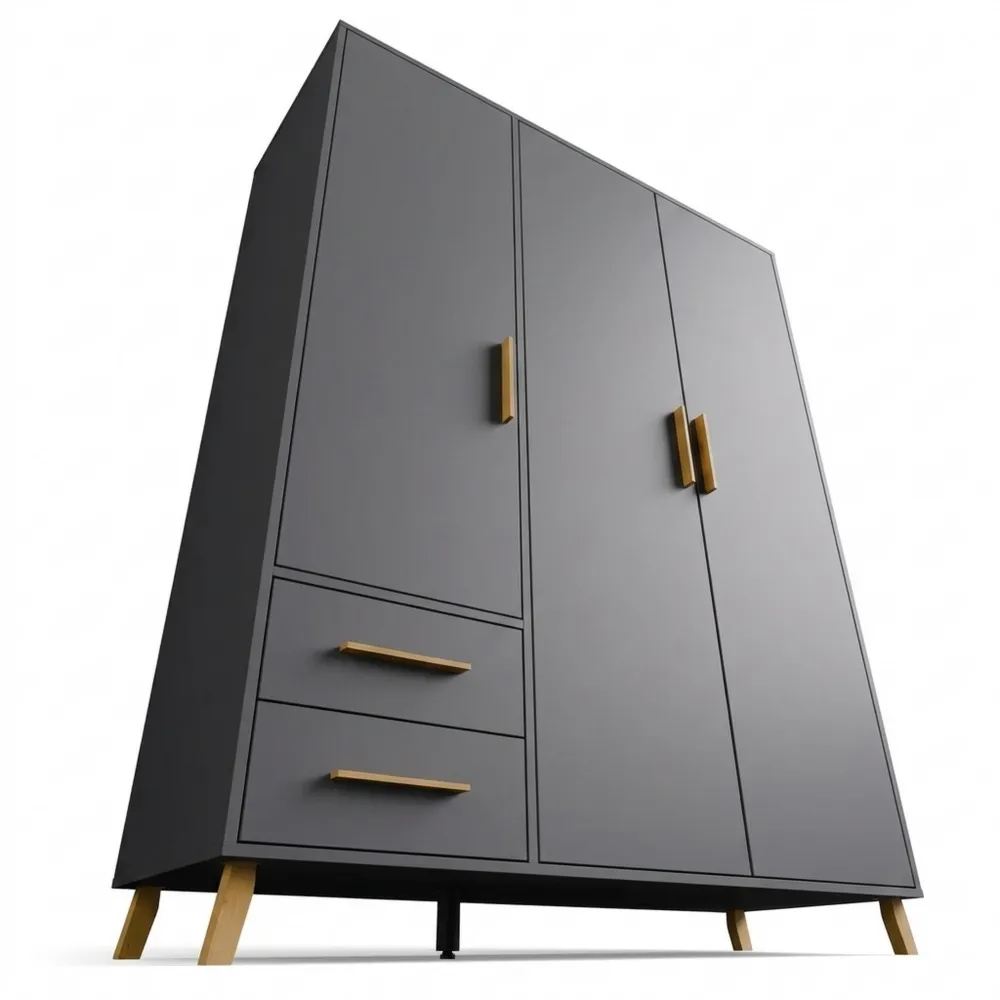 Drehtürenschrank mit 3 Türen und 2 Schubladen, Massivholzdetails, Grau Metallic/Schwarz, 140x203x53cm