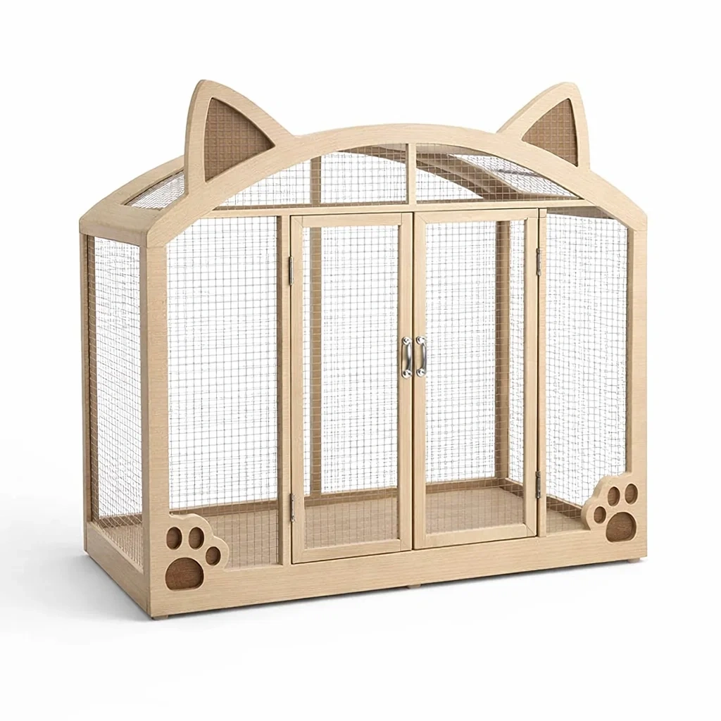 Katzenkäfig holz mit verzinktem draht und ohrenform design 120 x 60 x 80 cm-furnistylish