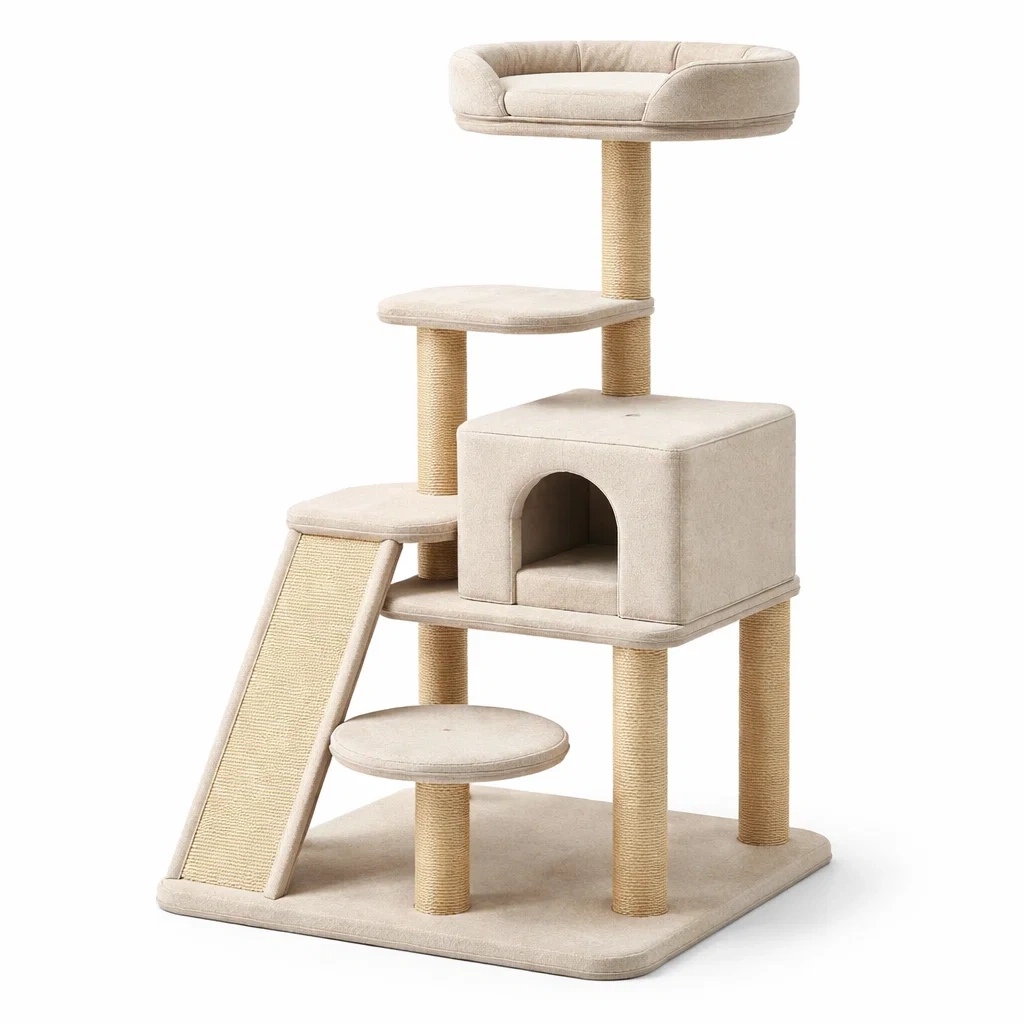 Kratzbaum sisal plüsch beige mit plattformen und höhle 48 x 48 x 120 cm-furnistylish