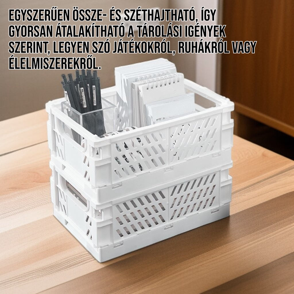 Összecsukható műanyag tárolókosár elölnézetből