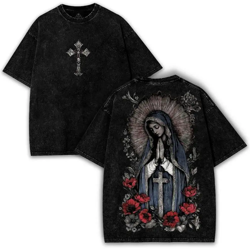 Virgin Mary Graphic T-Shirt, Washed Black Heavy Cotton, Gothic Streetwear