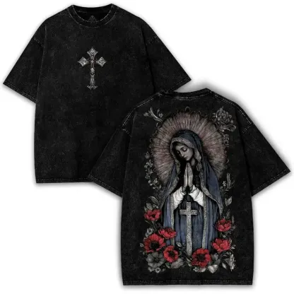 Virgin Mary Graphic T-Shirt, Washed Black Heavy Cotton, Gothic Streetwear