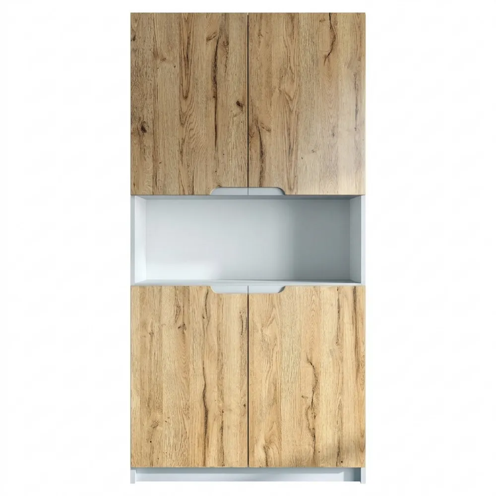 Moderner Büroschrank mit 5 Fächern und 4 Türen, Weiß matt/Eiche Natur