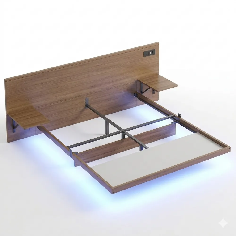 Metallbett 160x200 mit LED und Ladestation, schwebender Rahmen mit Regalen, inklusive Lattenrost, Doppelbett Schwarz