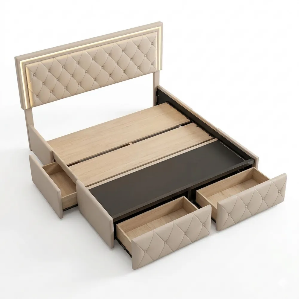 Modernes Polsterbett mit Schubladen und LED-Licht, höhenverstellbares Kopfteil, 160 x 200 cm