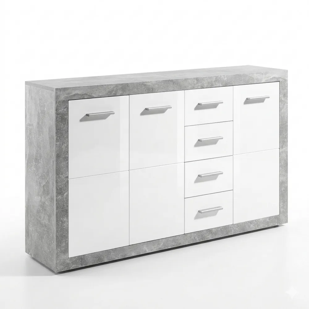 Moderne Hochglanz-Kommode mit Schubladen, Betonoptik, viel Stauraum