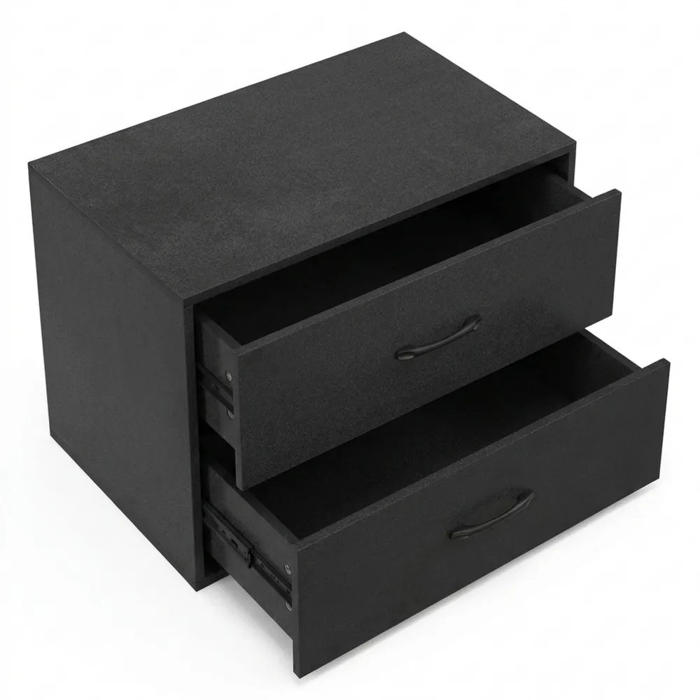 Stapelbarer Würfelschrank mit 2 Schubladen und Kippsicherung, vielseitiger Holzschrank für Wohnzimmer, Flur und Büro, Schwarz
