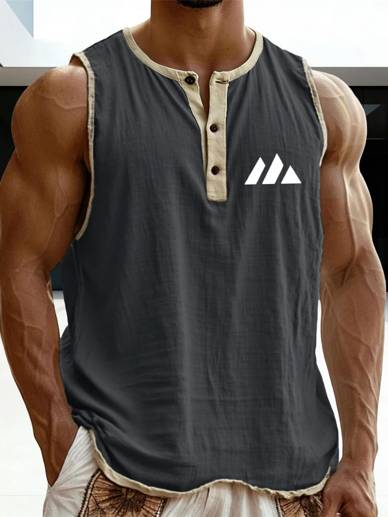 Herren Ärmelloses Henley Tanktop im lässigen Leinenlook