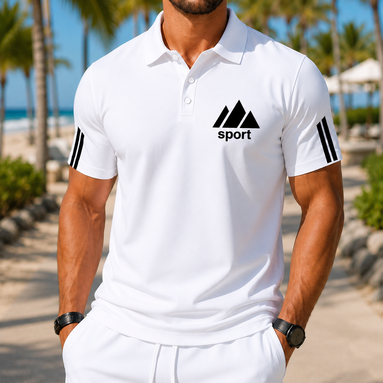 Sommerliches Herren Sport-Poloshirt mit Logo und Ärmelstreifen