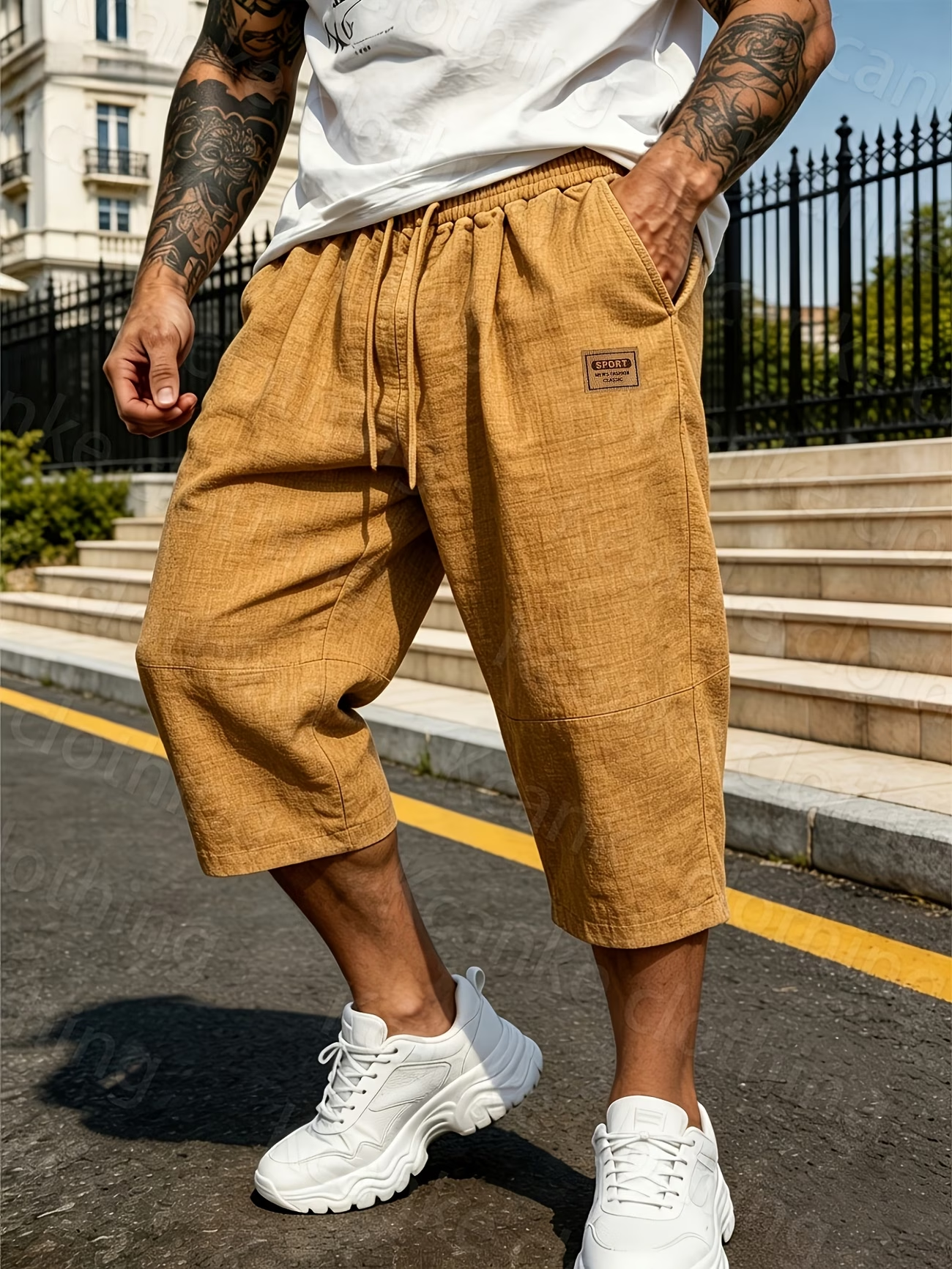 Lockere Herren-Shorts mit elastischem Bund in Leinenoptik