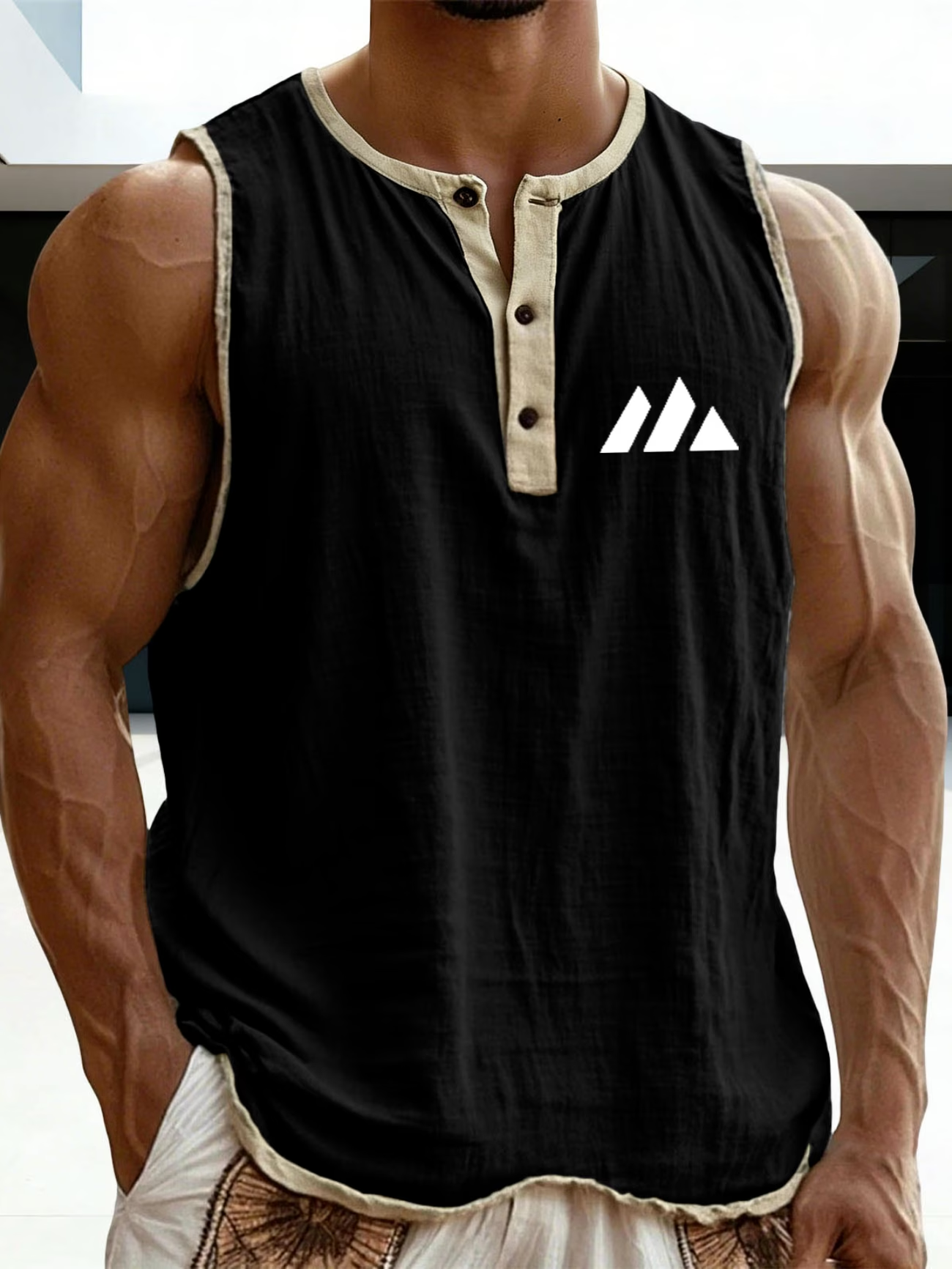 Herren Ärmelloses Henley Tanktop im lässigen Leinenlook