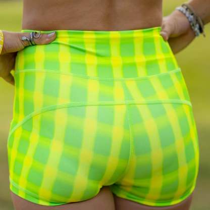 IMPI High Waist Bike Shorts - Neon Green Check