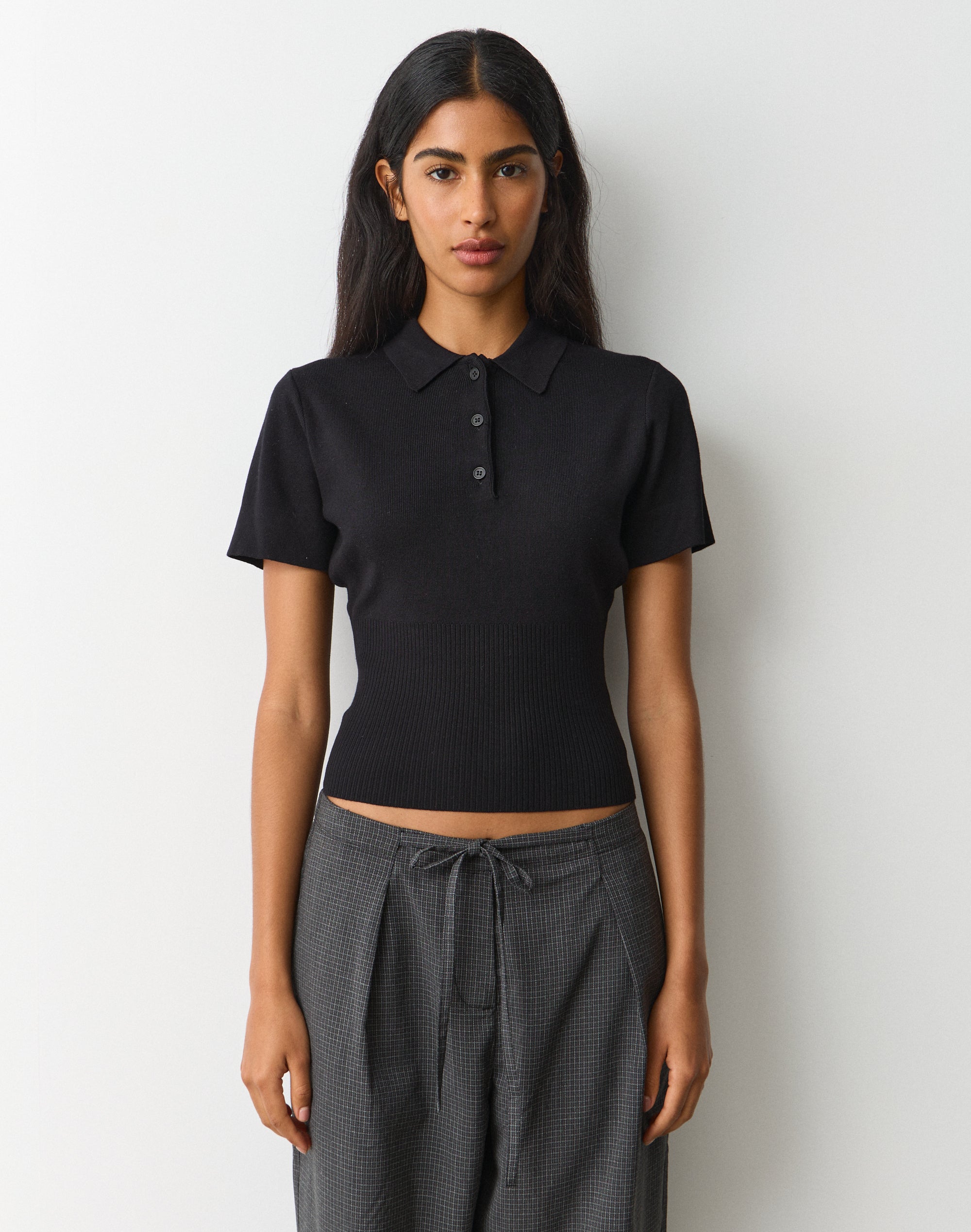 Knit Rib Waist Polo Top