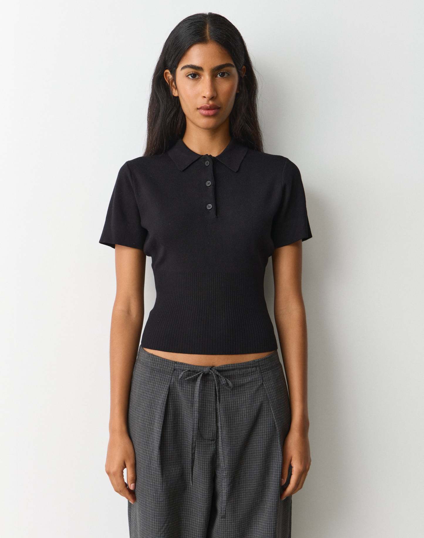 Knit Rib Waist Polo Top