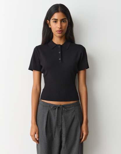 Knit Rib Waist Polo Top