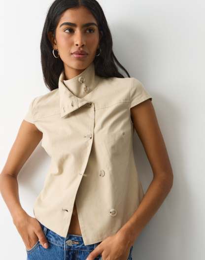 Funnel Neck Button Up Blouse