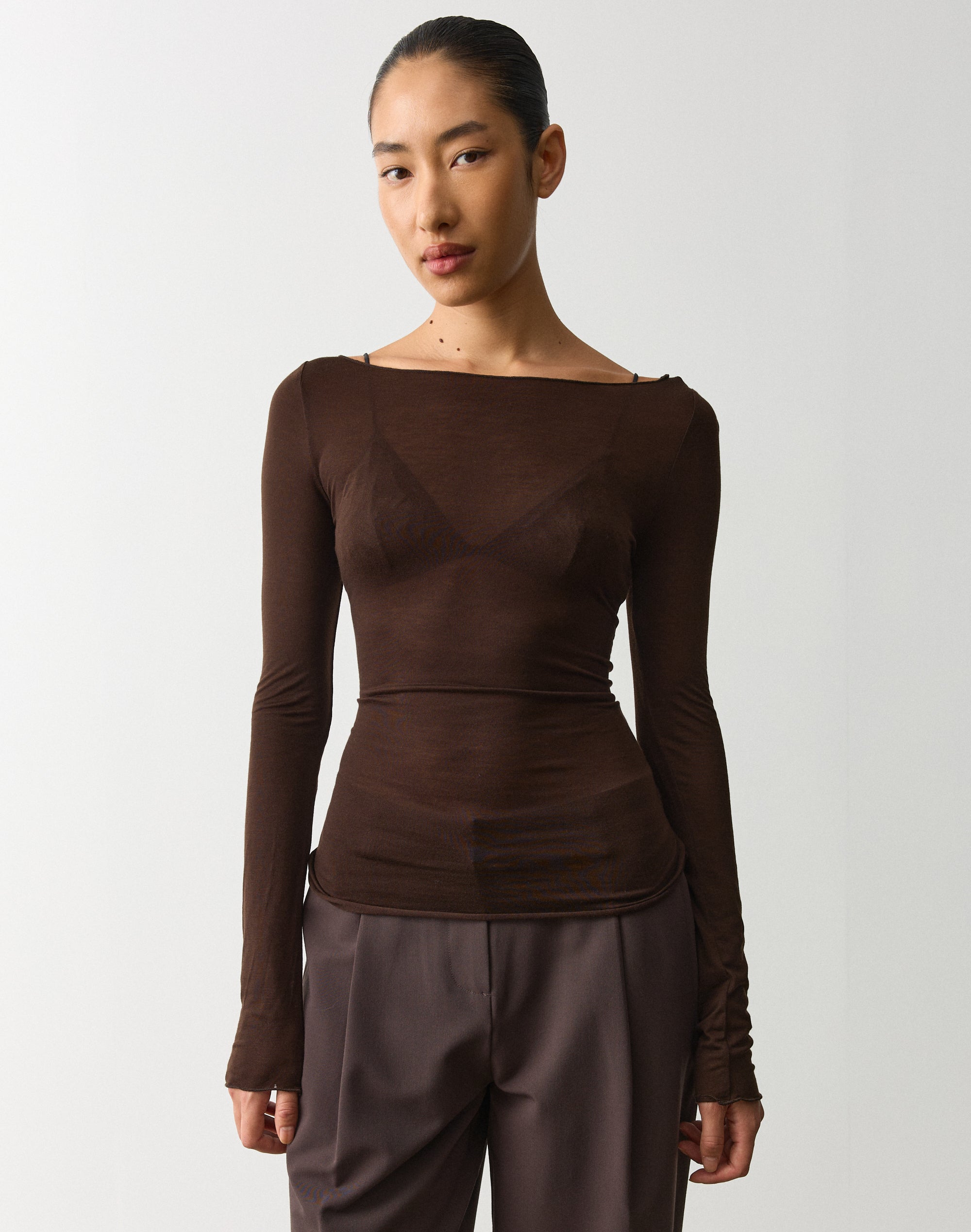 Sheer Boat Neck Long Sleeve Top
