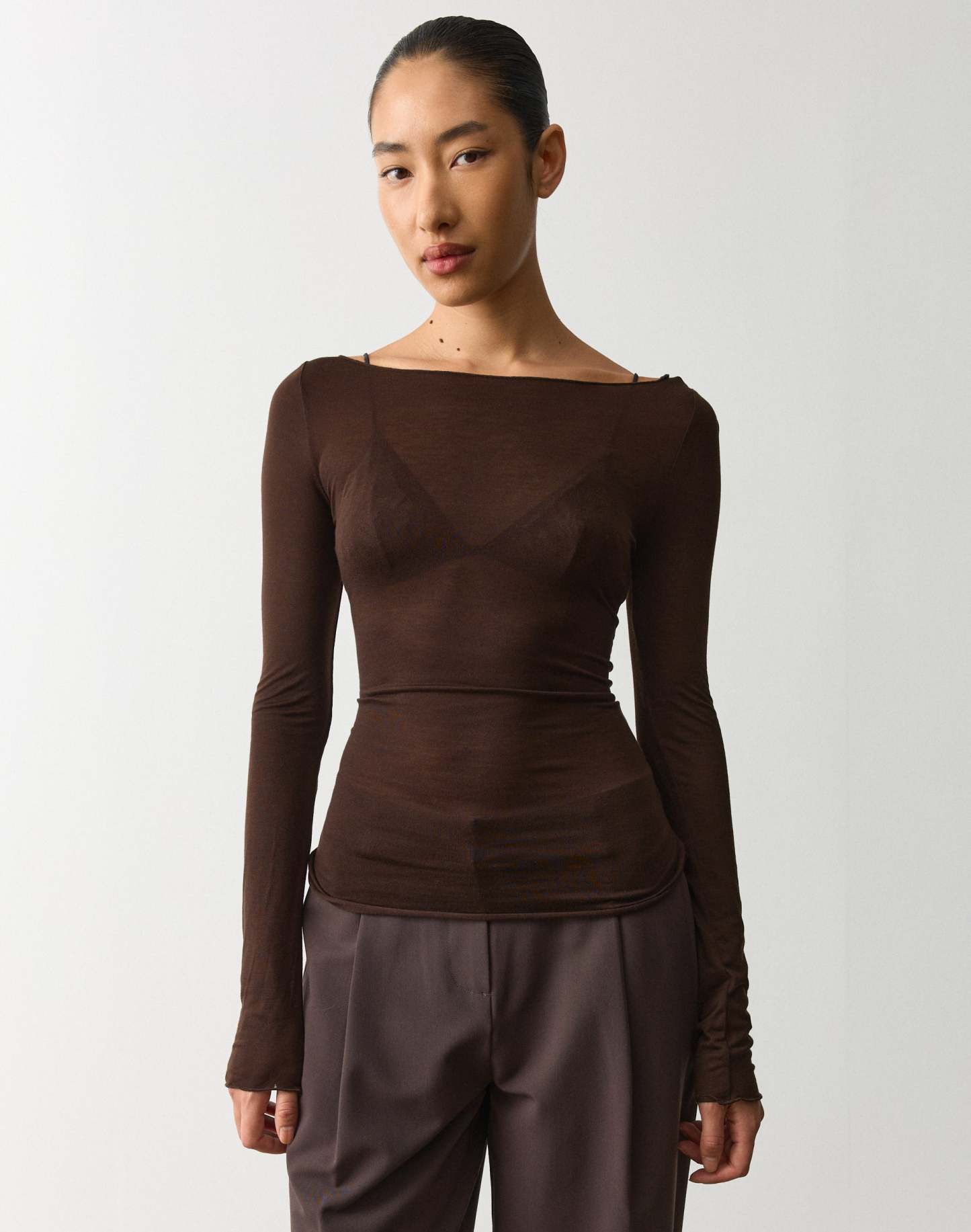 Sheer Boat Neck Long Sleeve Top