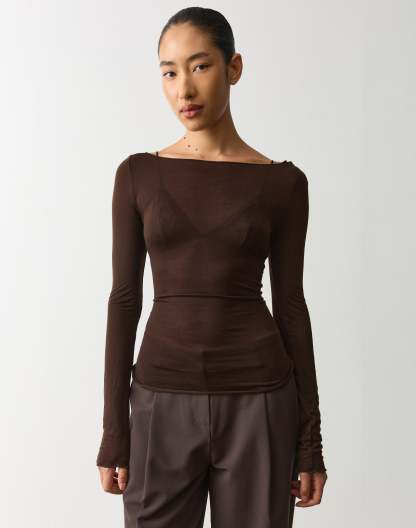 Sheer Boat Neck Long Sleeve Top