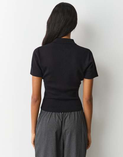 Knit Rib Waist Polo Top