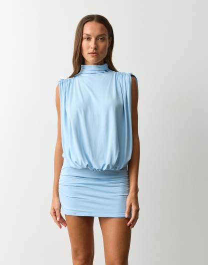High Neck Blouson Mini Dress