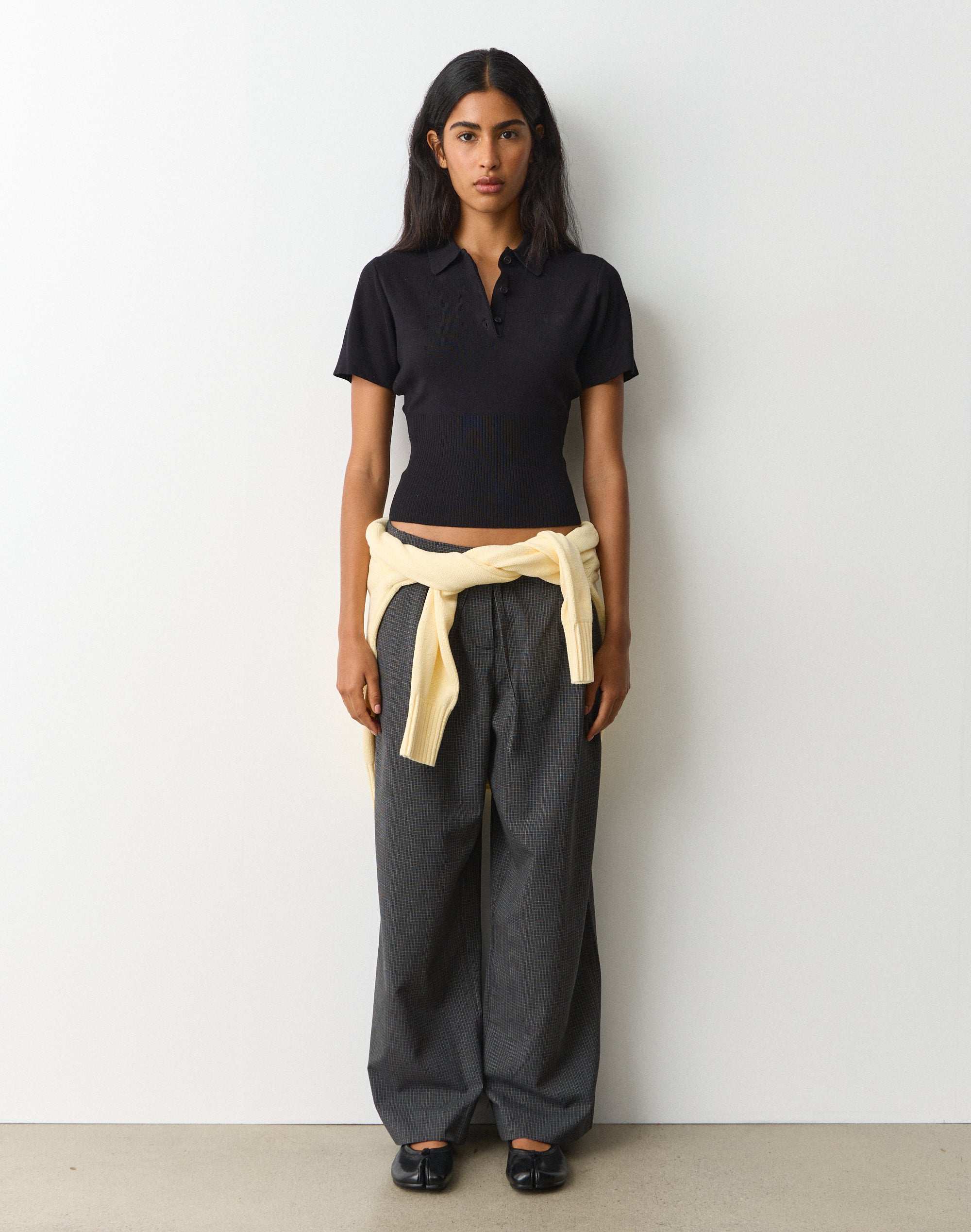 Knit Rib Waist Polo Top