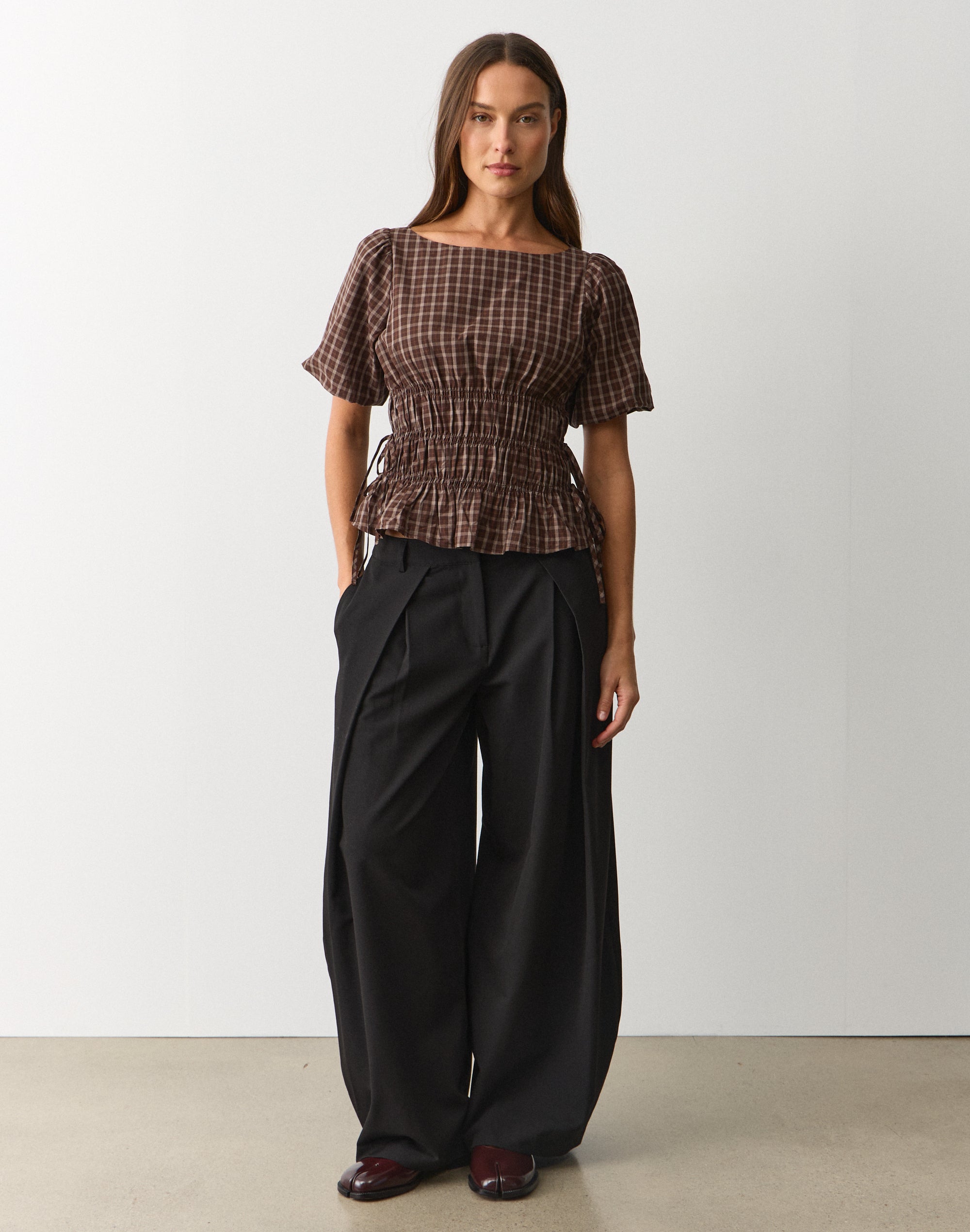 Cotton Puff Sleeve Tie Side Blouse