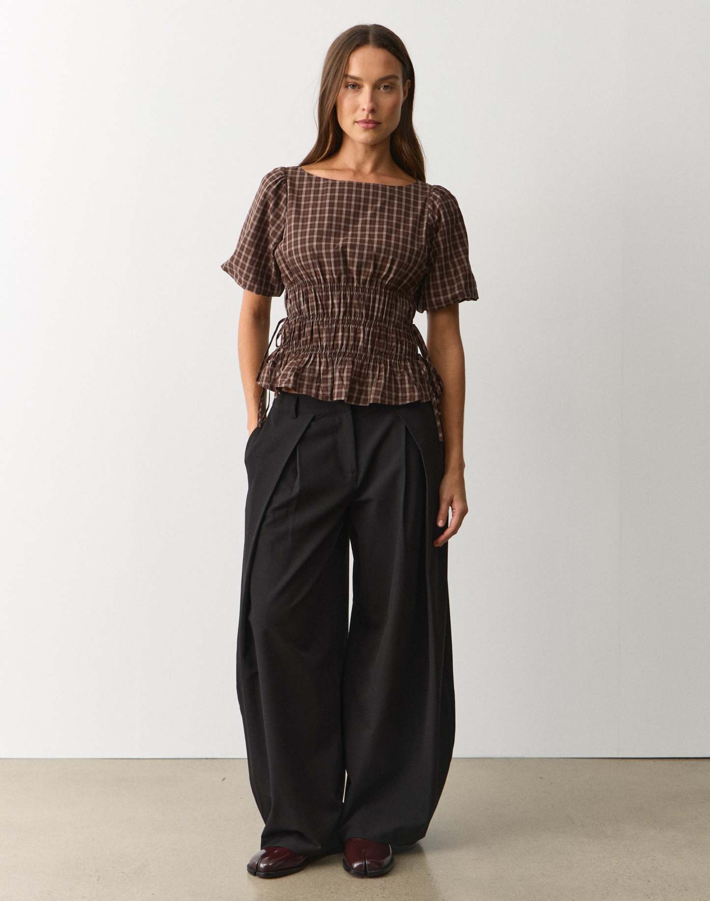 Cotton Puff Sleeve Tie Side Blouse