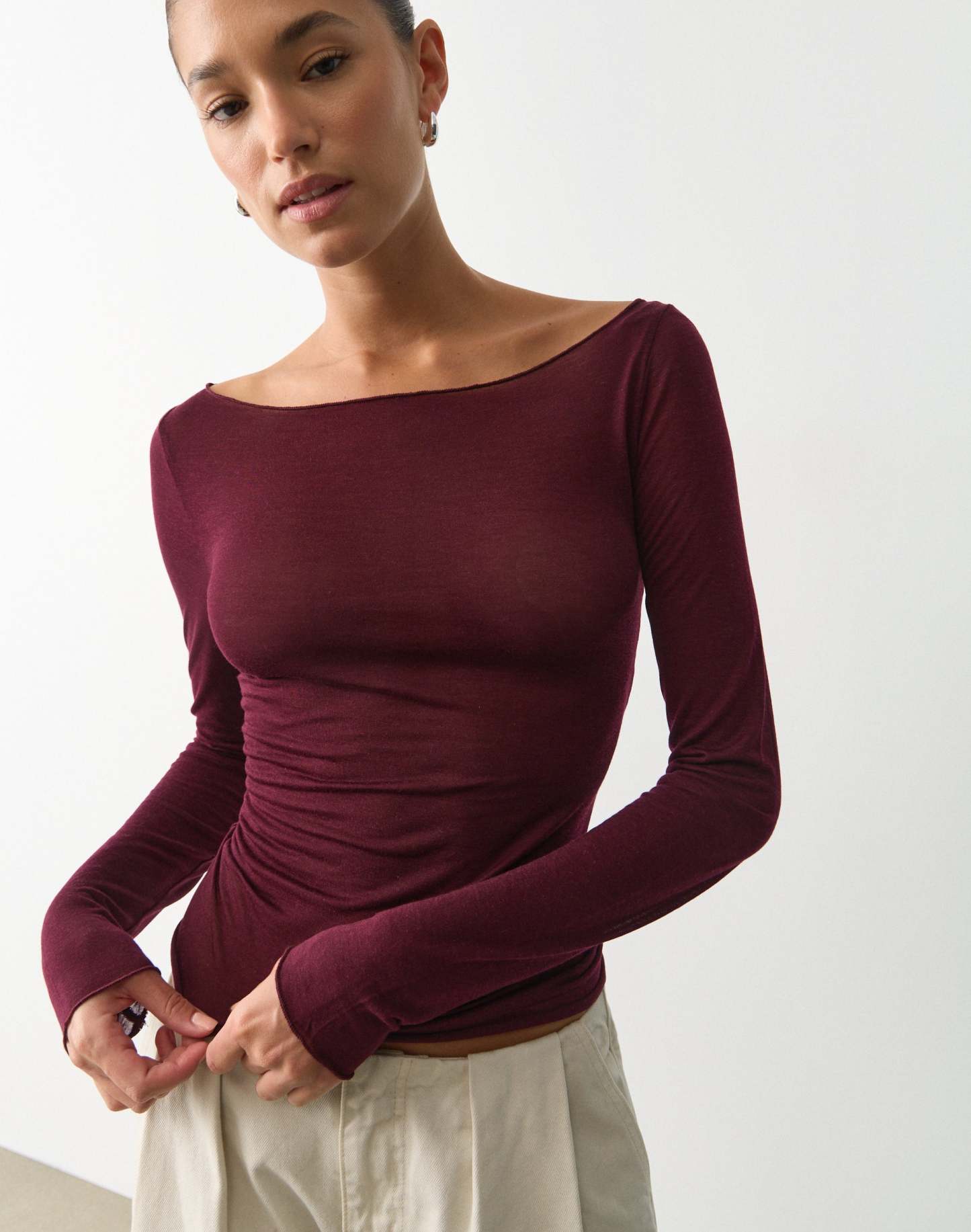 Sheer Boat Neck Long Sleeve Top